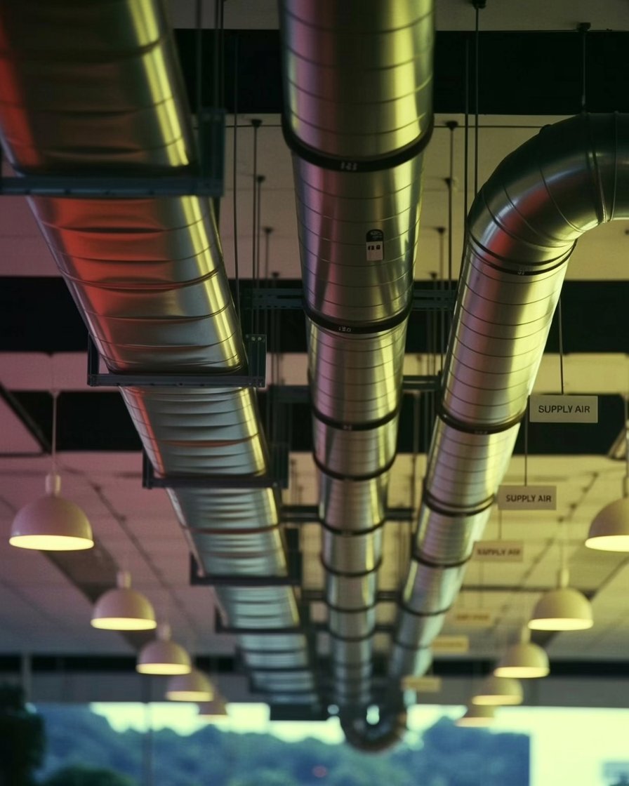 Metal HVAC ducts running along a ceiling.