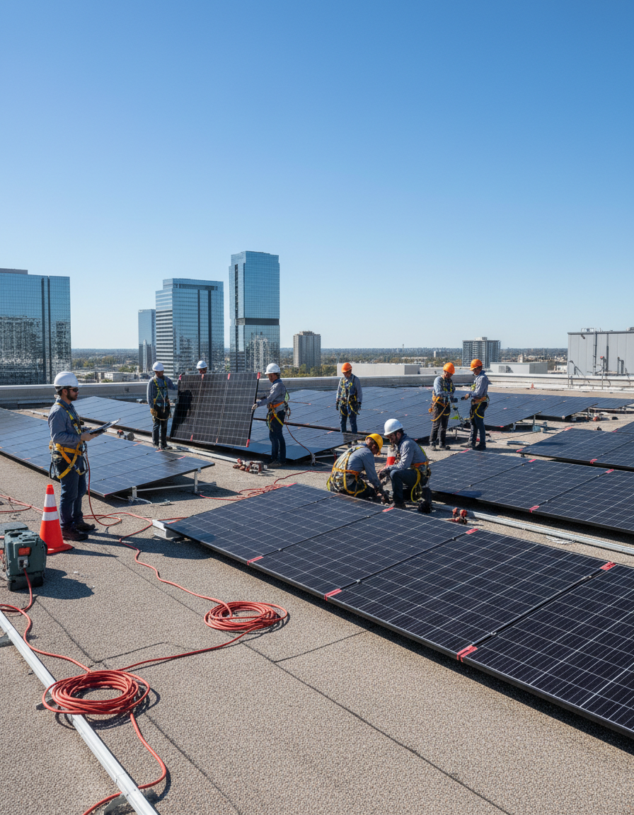 Technicians installing solar panels on a commercial rooftop with city skyline in the background, renewable energy system installation.