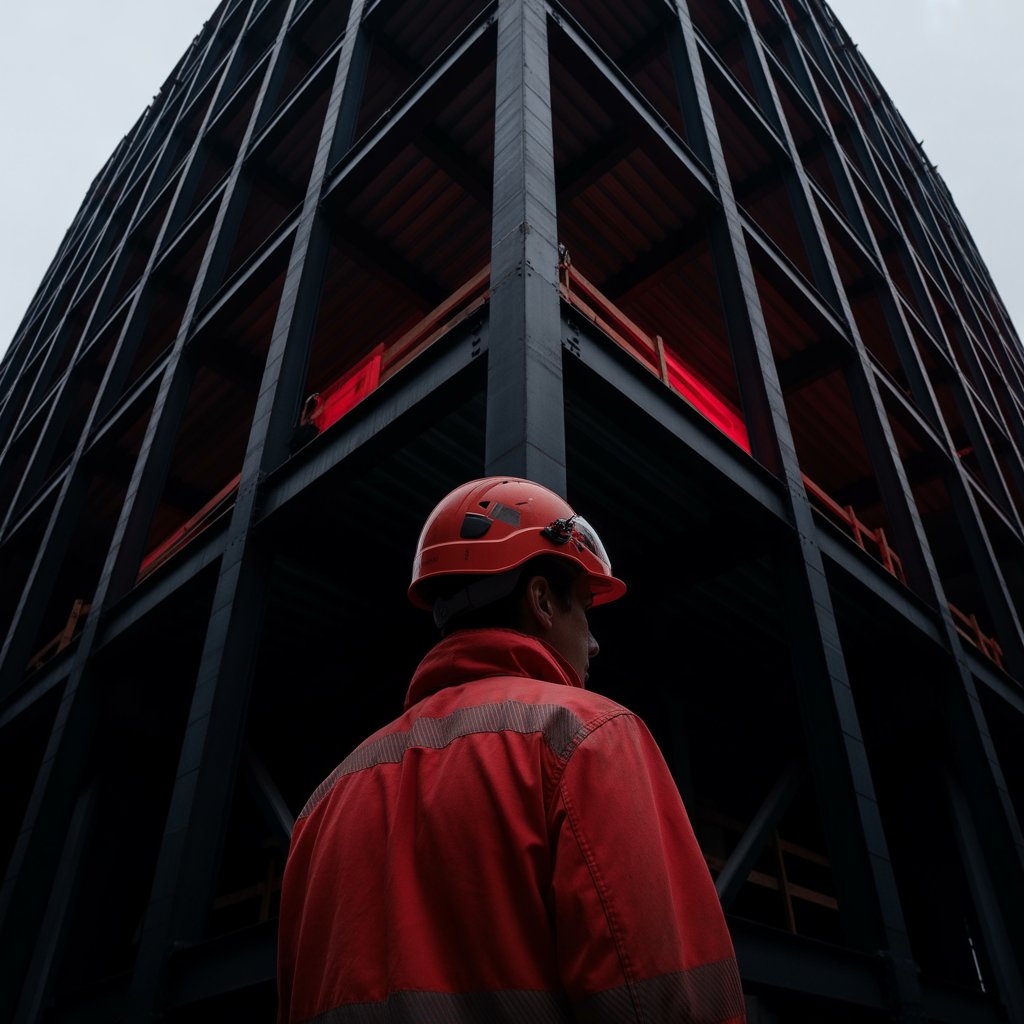 Construction worker silhouette on a steel structure highlighting safety, precision, and modern commercial construction