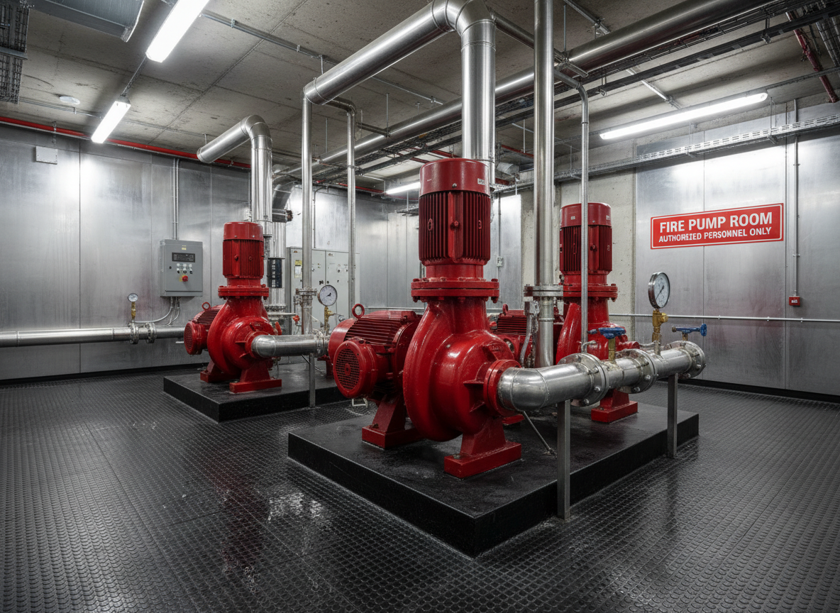 Industrial fire pump room with red fire pumps, steel piping, and sprinkler system equipment in a commercial building.