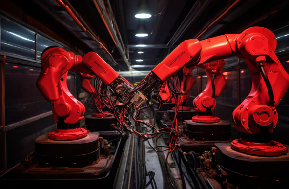Red industrial robotic arms operating on an automated production line inside a modern manufacturing factory.