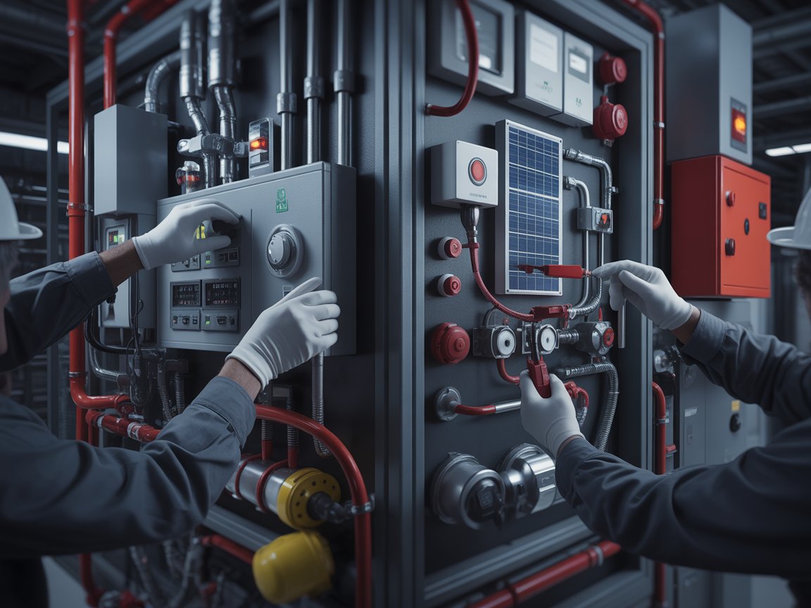 Professional MEP engineering services showing HVAC, electrical, plumbing, solar, and firefighting system installation in a controlled industrial environment