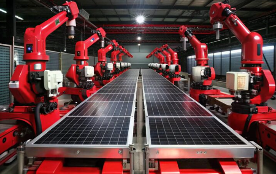 Industrial robotic arms assembling solar panels on an automated production line inside a modern manufacturing facility.