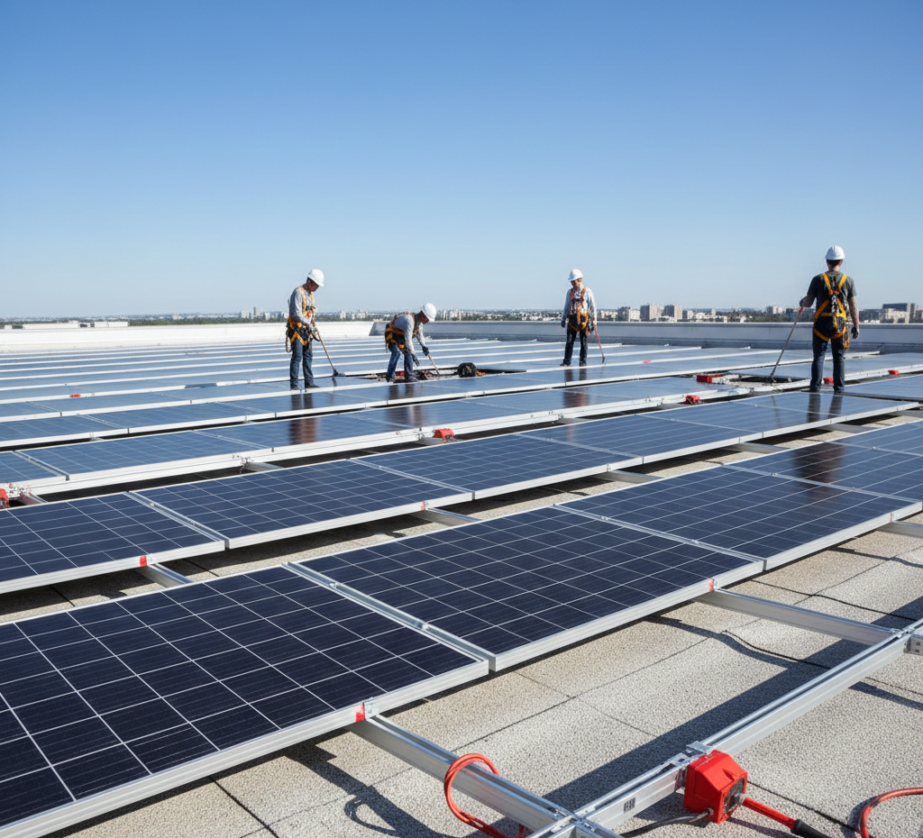 Technicians installing solar panels on a commercial rooftop using safety harnesses under a clear blue sky.