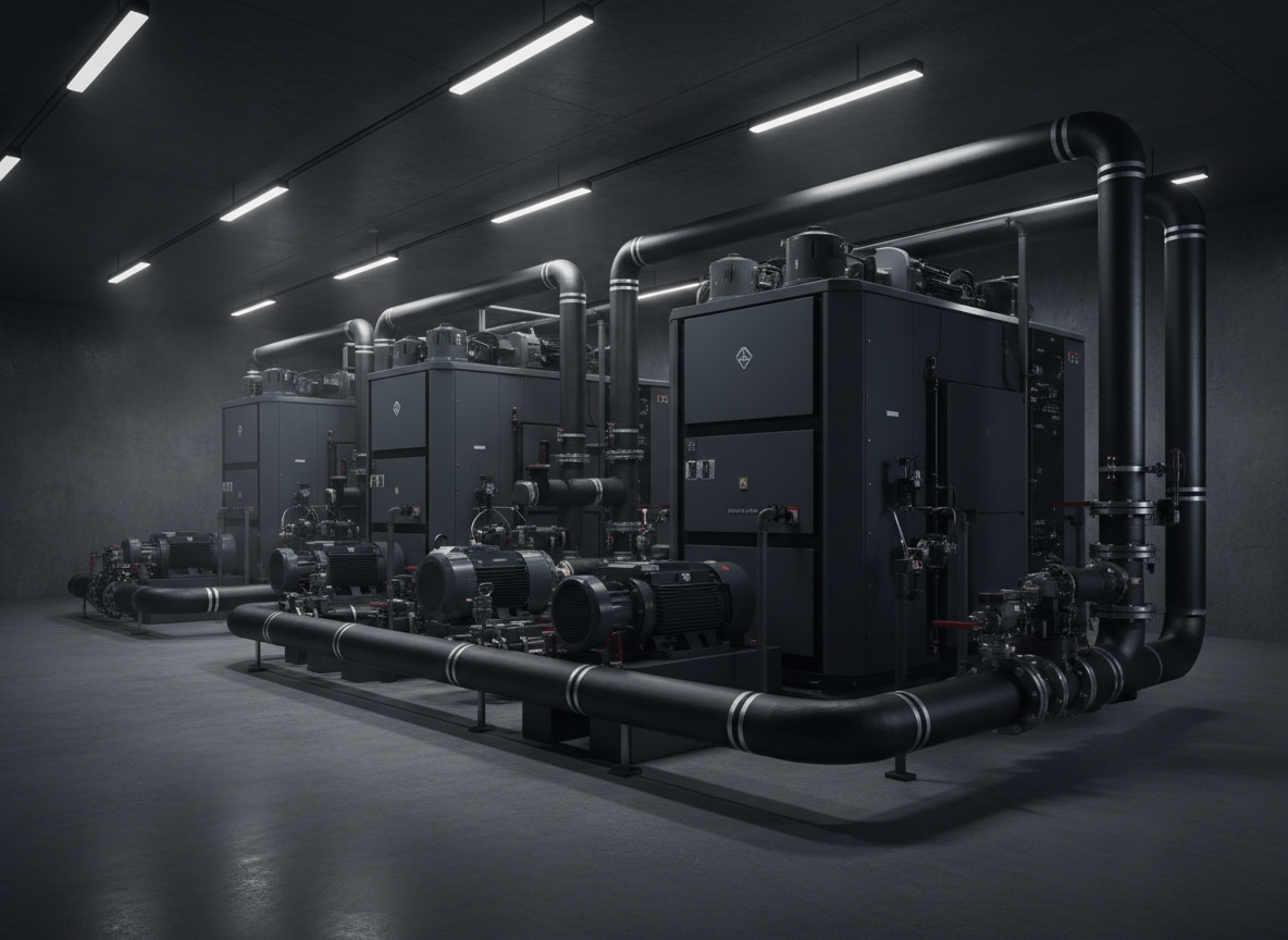 Chilled water system showing industrial chillers, insulated piping, and pumping equipment for integrated HVAC cooling solutions.