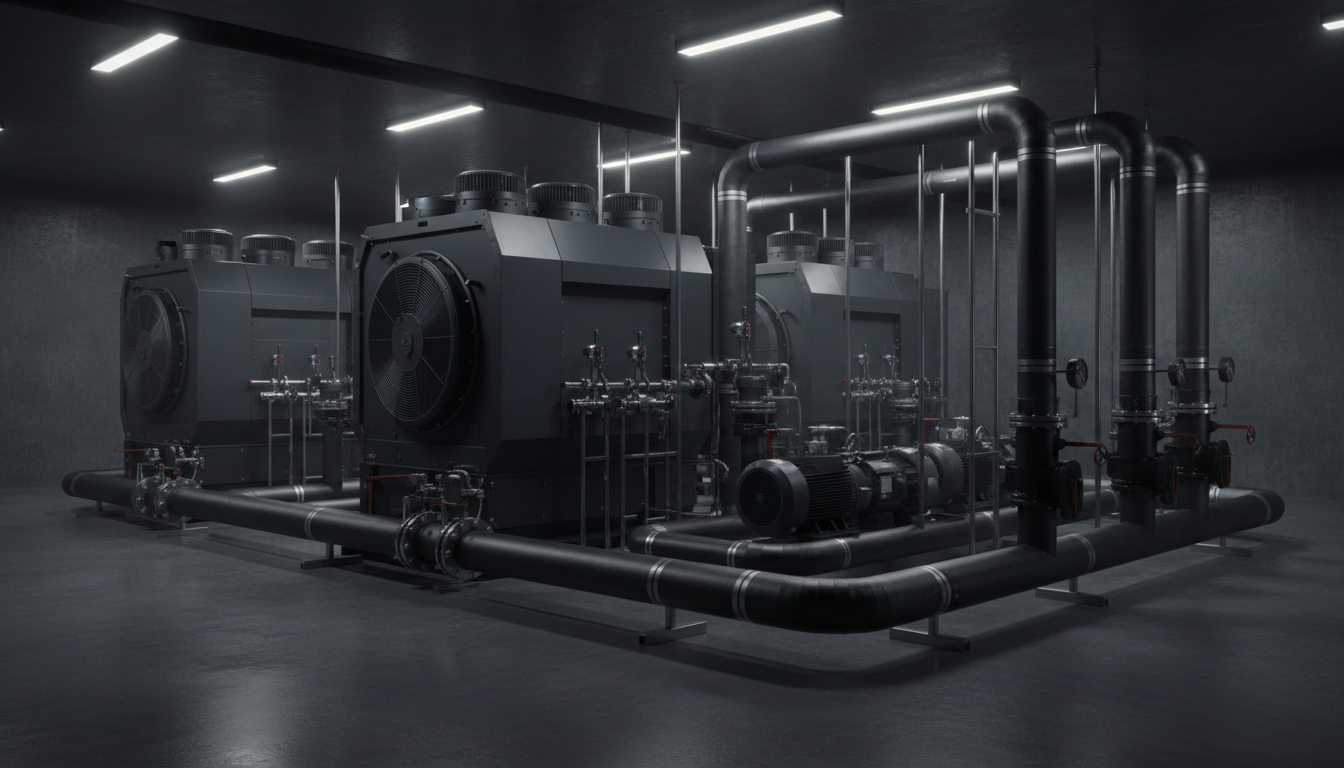 Chilled water system showing industrial chillers, insulated piping, and pumping equipment for integrated HVAC cooling solutions.