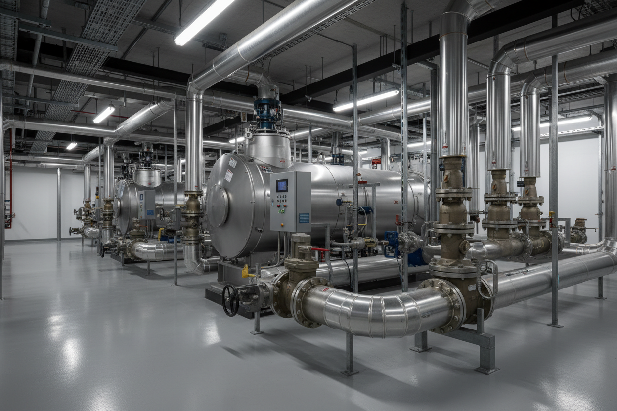 Reliable chilled water system with industrial chillers and insulated piping designed for efficient and stable cooling performance.